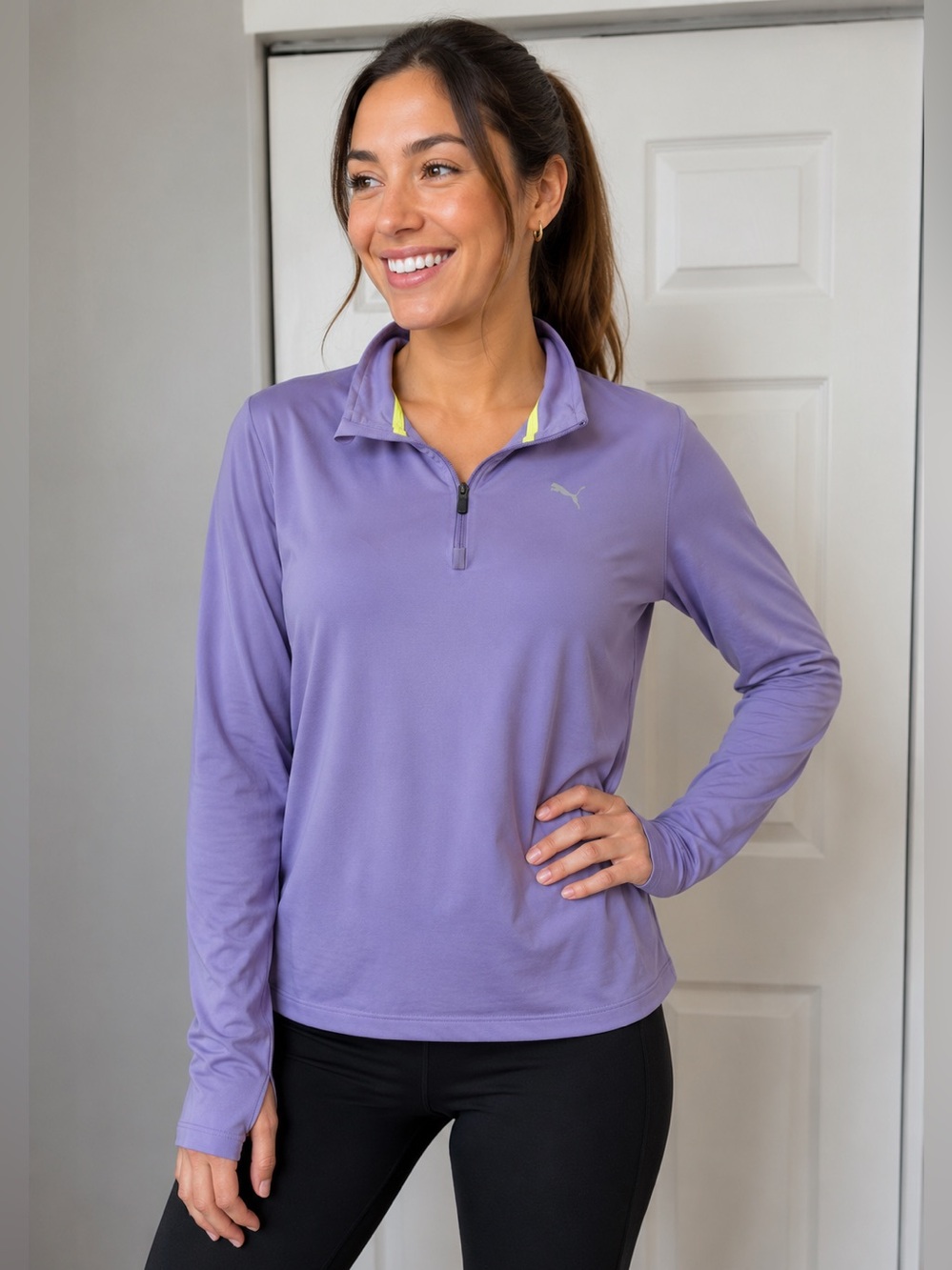 Puma Run 1/4 Zip Pullover Womens Medium Purple Athletic Top Thumbholes